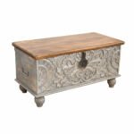 Mango Wood Grey Boho Blanket Chest With Floral Pattern Carving - Image 10