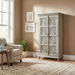 Mango Wood Hand-Carved Tall Storage Cabinet With Grey Finish - Image 2