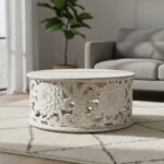 Mango Wood Center Coffee Table With Floral Carving - Image 4