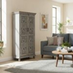 Mango Wood Hand-Carved Tall Storage Cabinet With Grey Finish - Image 3