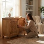 Mango Wood Natural Polish Sideboard Cabinet With Floral Carving - Image 5