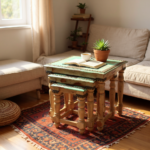 Boho Rustic Handcrafted Wooden Nesting Table Set for Cozy Living Room Decor