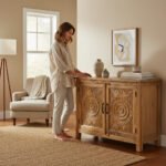 Mango Wood Natural Polish Sideboard Cabinet With Floral Carving - Image 3