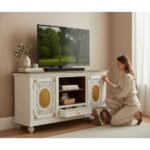 Mango Wood Hand-Carved Media Console With Brass Detailing - Image 4