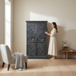 Mango Wood Hand-Carved Tall Storage Cabinet With Black Finish - Image 3