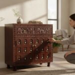 Mango Wood Hand-Carved Sideboard Cabinet With Brass Bells