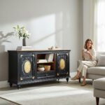 Mango Wood Hand-Carved Media Storage Unit With Brass Detailing - Image 3