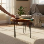 Metal Stand Wood Round Top Coffee Table With Green Resin