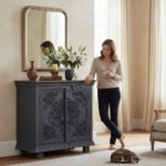 Mango Wood Charcoal Finish Lotus Cabinet For Storage - Image 3