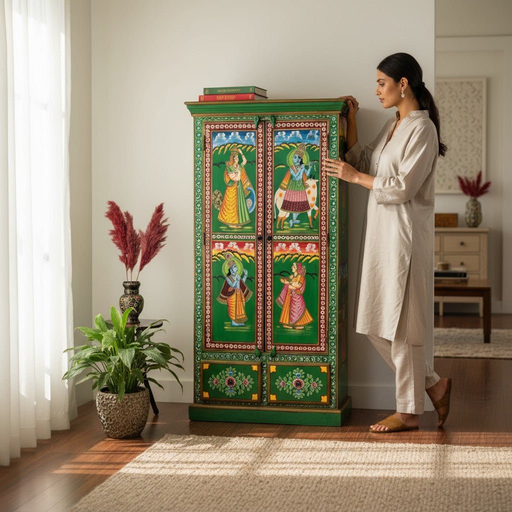 lifestyle-shot-7f0a6d09-4a68-4237-beee-316811dae705 Radha Krishna Wooden Handpainted Cupboard Almirah - Image 1