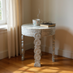Hand-Carved Mango Wood Side Table – Boho Round Sofa Table for Living Room Decor - Image 8