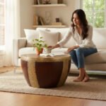 Mango Wood Indian Boho Drum Coffee Table With Brass Detailing - Image 3