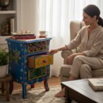 Mango Wood 3 Drawer Bedside Table With Beautiful Painting - Image 4