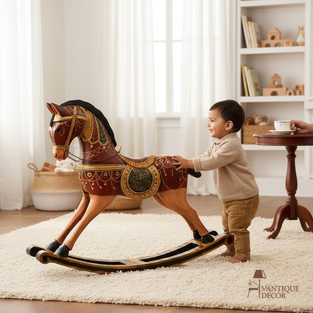 lifestyle-shot-9a09465b-e1aa-4cc1-bfb8-7256cce07bc3 Hand-Painted Wooden Rocking Horse Statue For Housewarming - Image 1