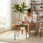 Metal Stand Wood Round Top Coffee Table With Green Resin - Image 3
