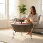 Mango Wood Charcoal Finish Drum Coffee Table With Metal Stand - Image 2
