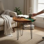 Metal Stand Wood Round Top Coffee Table With Green Resin - Image 5