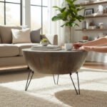Mango Wood Charcoal Finish Drum Coffee Table With Metal Stand - Image 3