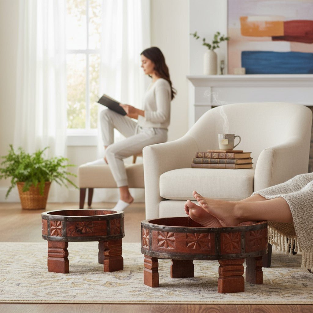lifestyle-shot-d71870fd-1df4-4468-b610-c3d46285a96a Mango Wood Round Planter Chakki Table For Living Area Decor - Image 1