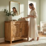 Mango Wood Natural Polish Sideboard Cabinet With Floral Carving - Image 7