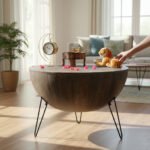 Mango Wood Charcoal Finish Drum Coffee Table With Metal Stand - Image 6