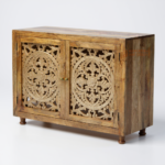 Mango Wood Crafted Console Cabinet with Floral Carving, Solid Wood Sideboard Buffet Cabinet - Image 2